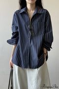 Vertical Stripe Long-Sleeve Cotton Loose Blouse image 2