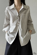 Vertical Stripe Long-Sleeve Cotton Loose Blouse image 5