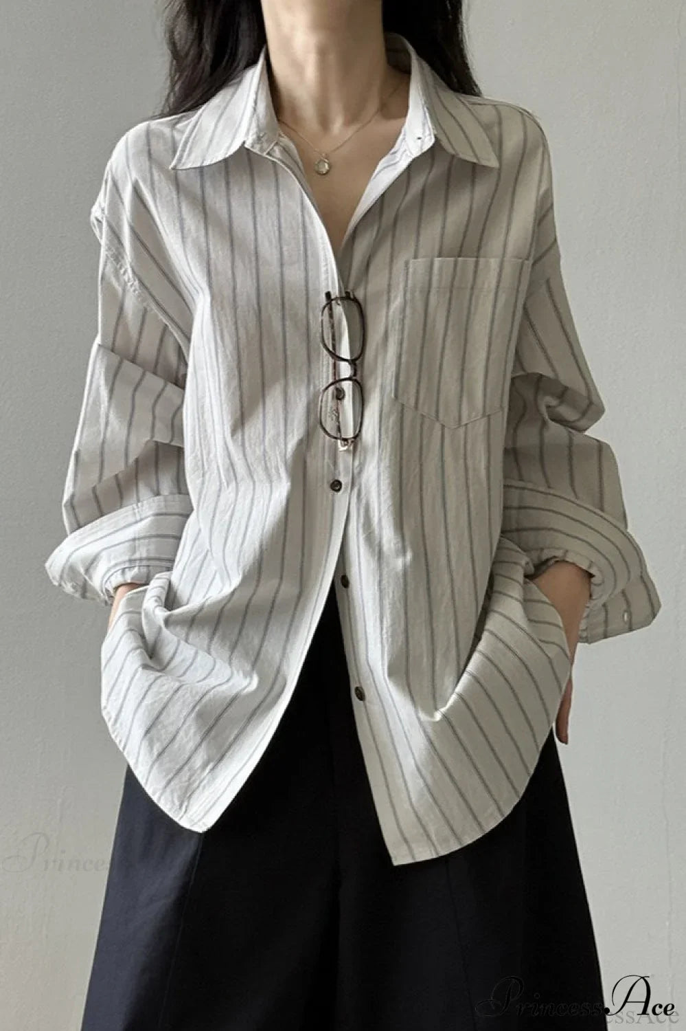 Vertical Stripe Long-Sleeve Cotton Loose Blouse image 5