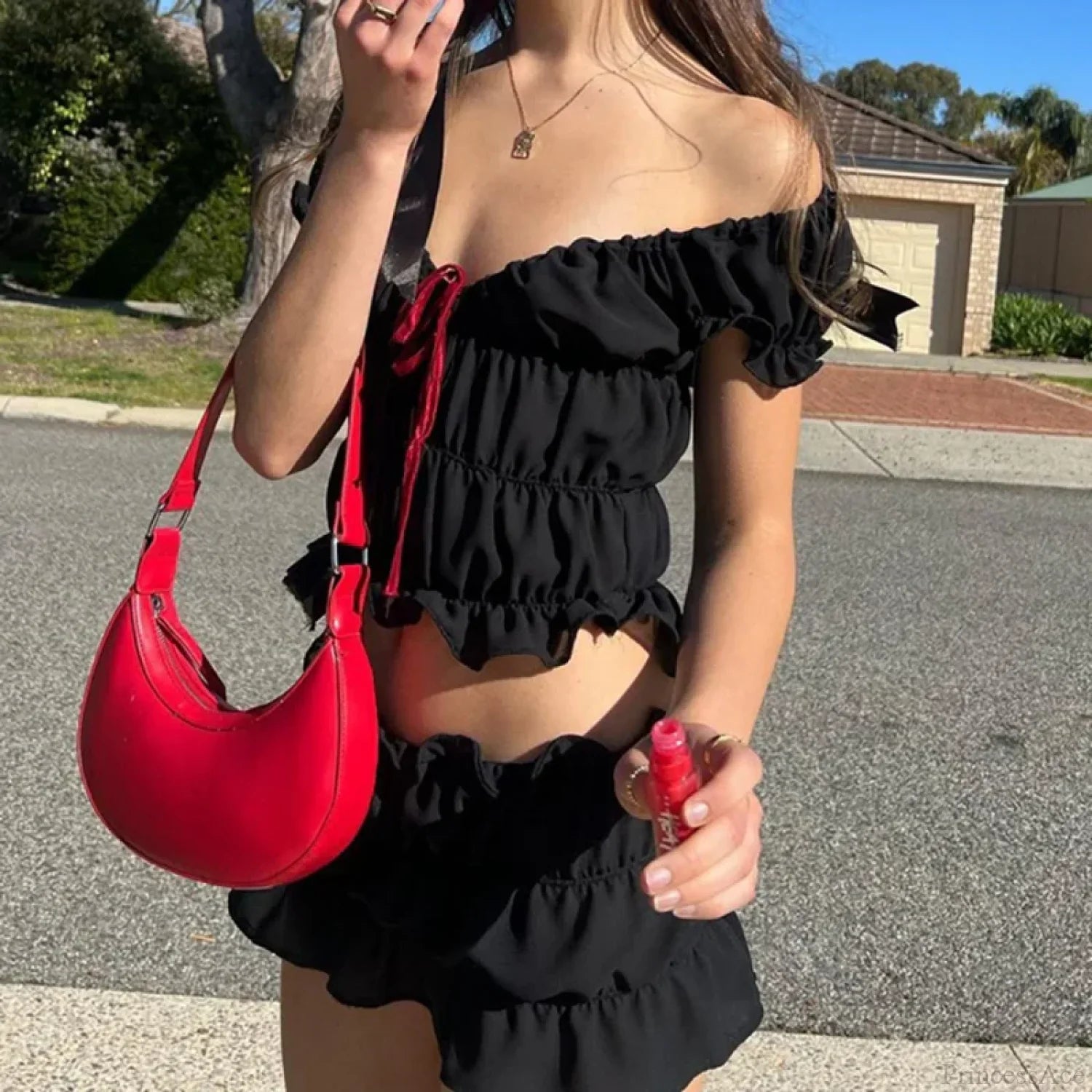 Vintage 2 Piece Set Cute Bow V Neck Ruched Crop Tops + Mini Pencil Fairycore Cottage T-shirt Y2K Kawaii Sweet Outfits Women image 3
