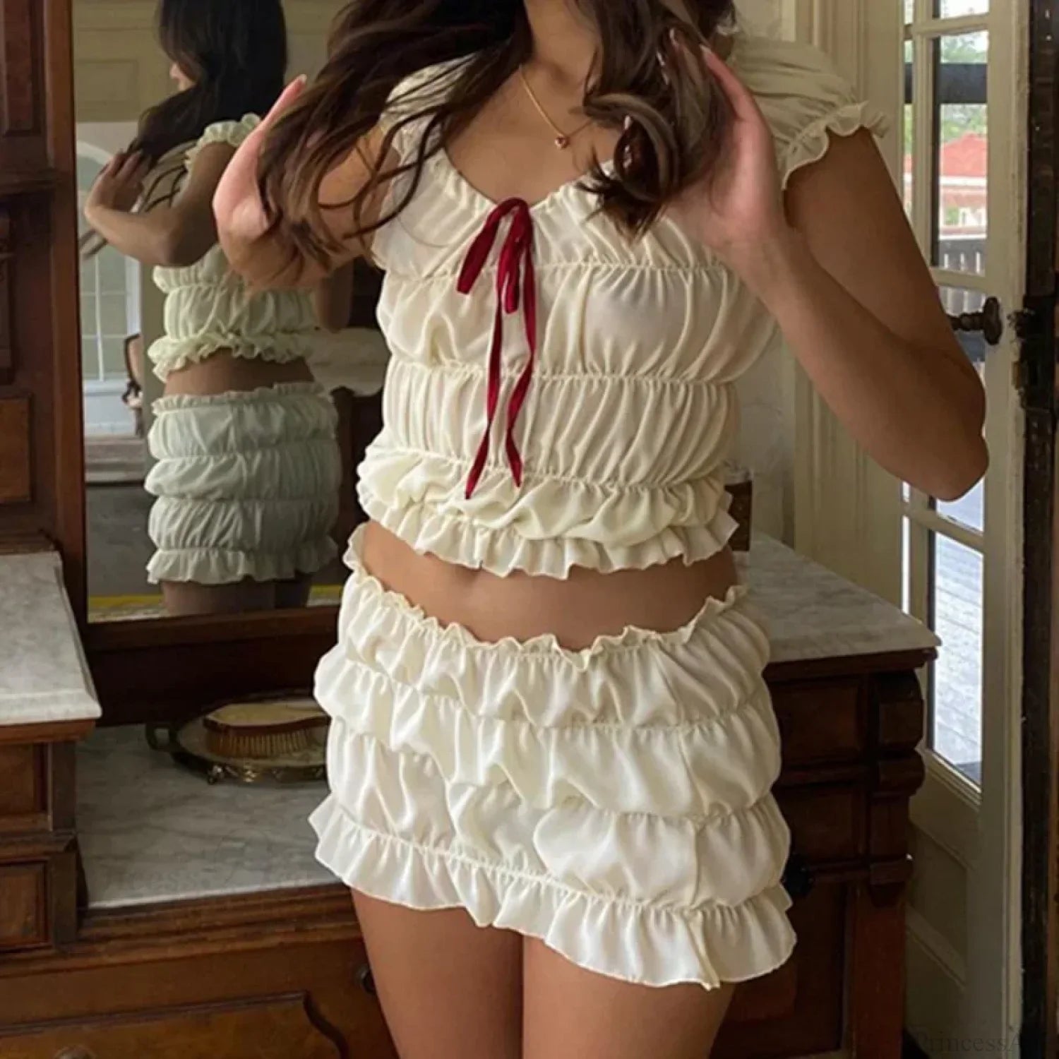 Vintage 2 Piece Set Cute Bow V Neck Ruched Crop Tops + Mini Pencil Fairycore Cottage T-shirt Y2K Kawaii Sweet Outfits Women image 5