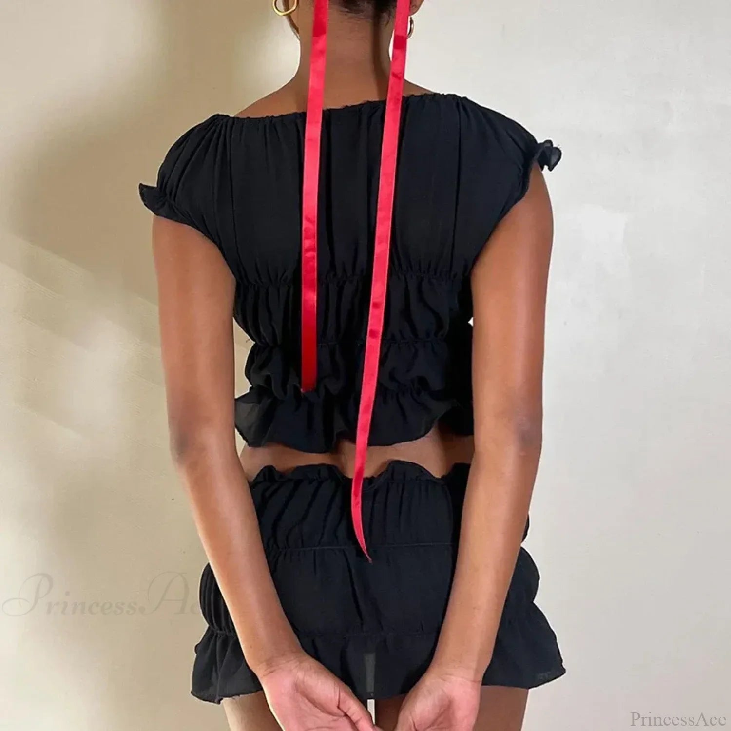 Vintage 2 Piece Set Cute Bow V Neck Ruched Crop Tops + Mini Pencil Fairycore Cottage T-shirt Y2K Kawaii Sweet Outfits Women image 2