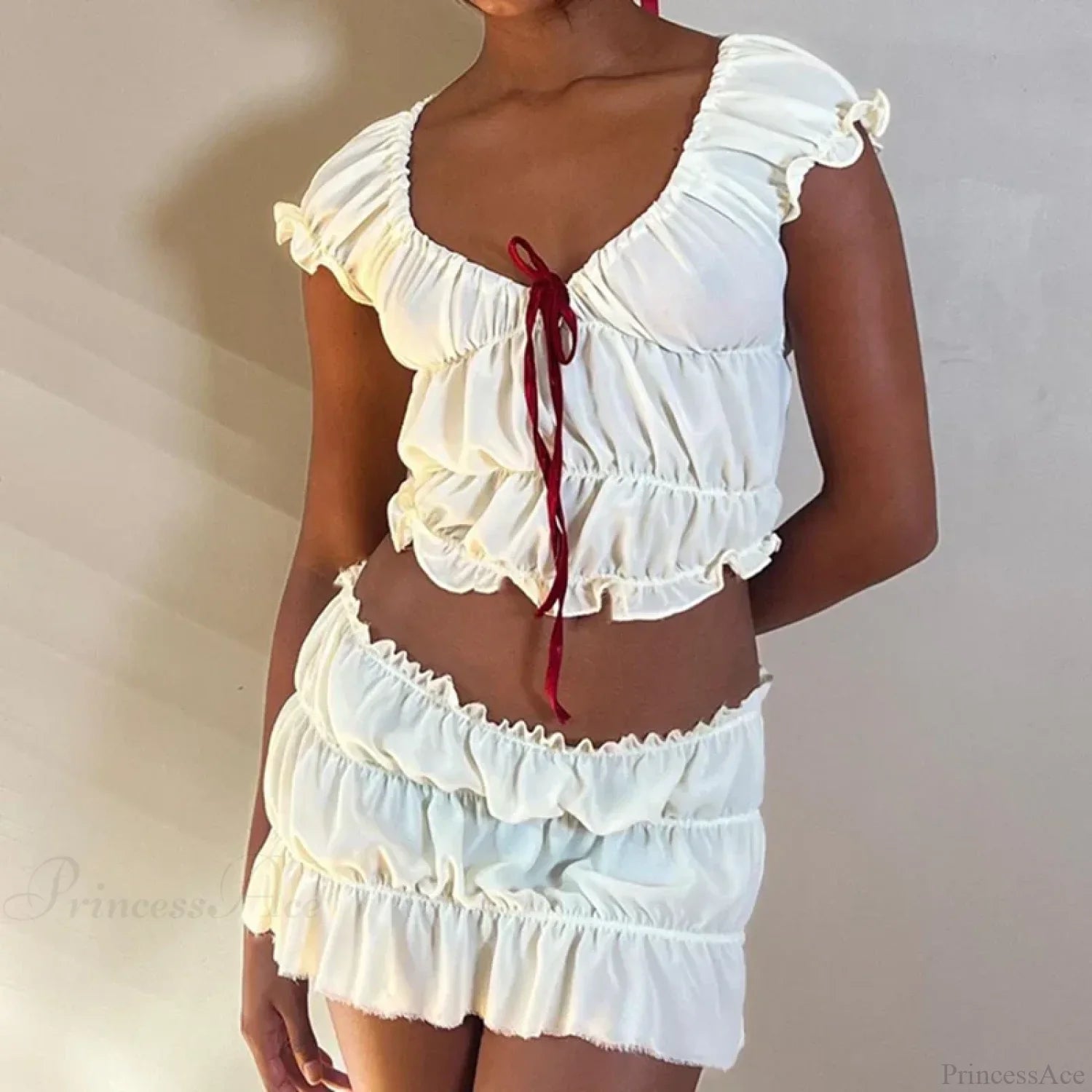 Vintage 2 Piece Set Cute Bow V Neck Ruched Crop Tops + Mini Pencil Fairycore Cottage T-shirt Y2K Kawaii Sweet Outfits Women image 1