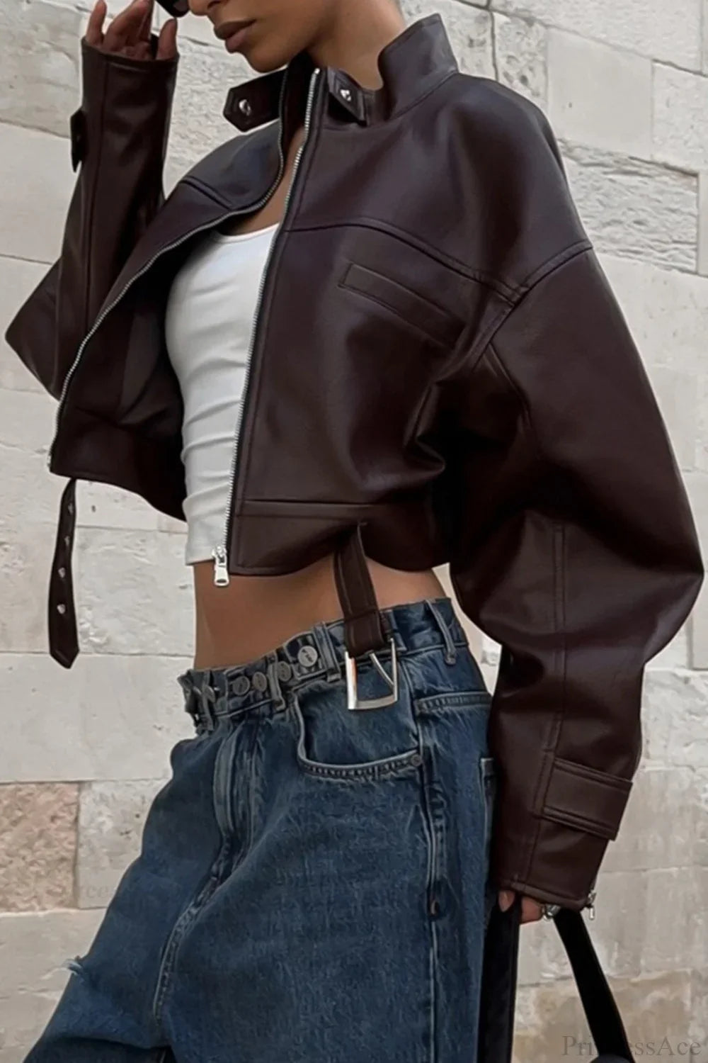 Vintage Biker Stand Collar Zipper Leather Jacket image 2