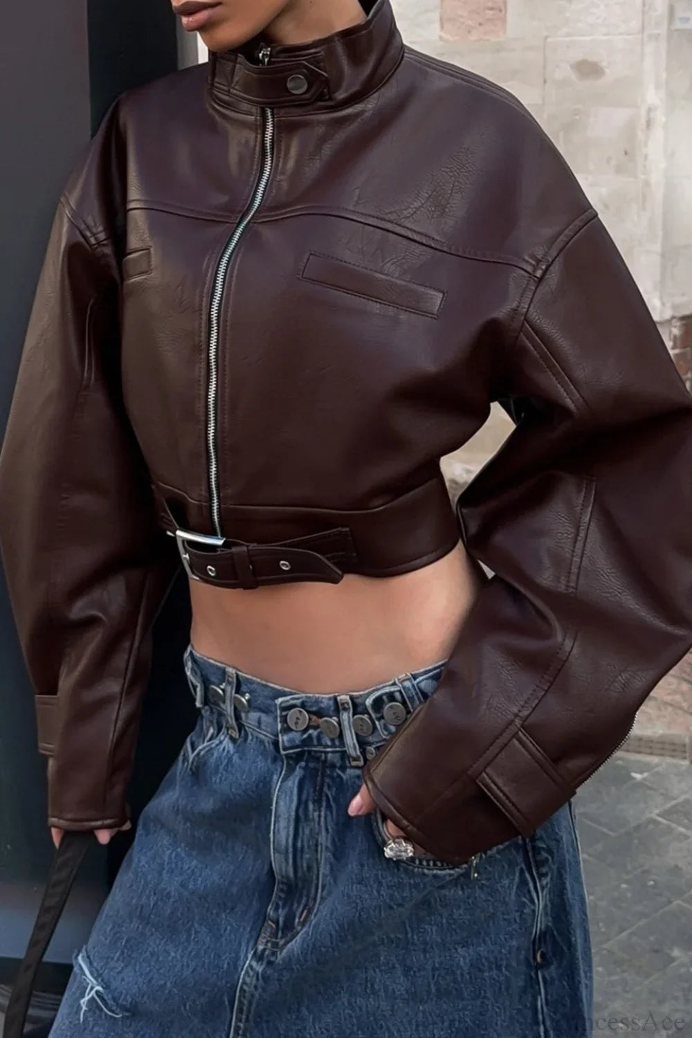 Vintage Biker Stand Collar Zipper Leather Jacket image 1