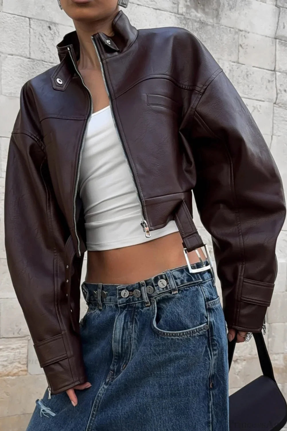 Vintage Biker Stand Collar Zipper Leather Jacket image 3