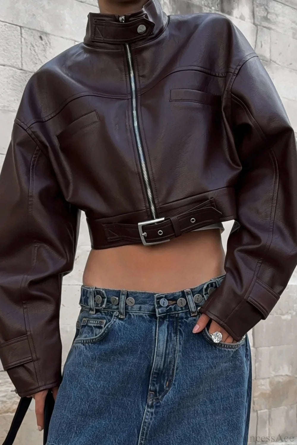 Vintage Biker Stand Collar Zipper Leather Jacket image 4