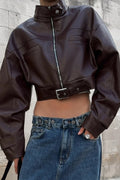 Vintage Biker Stand Collar Zipper Leather Jacket image 4