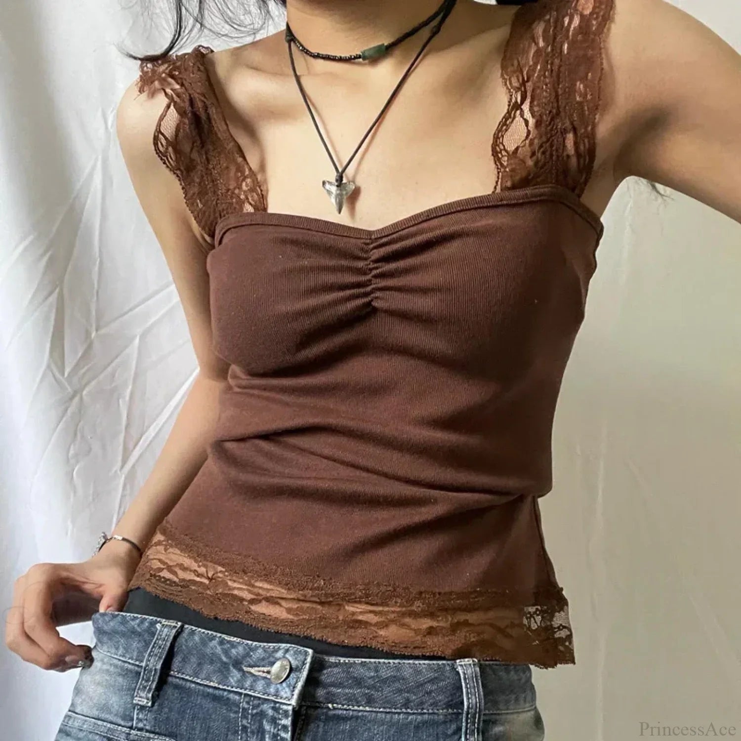 Vintage Brown Lace Patchwork Open Back Slim Fit Fairy Grunge Y2K Camis Crop Top image 1