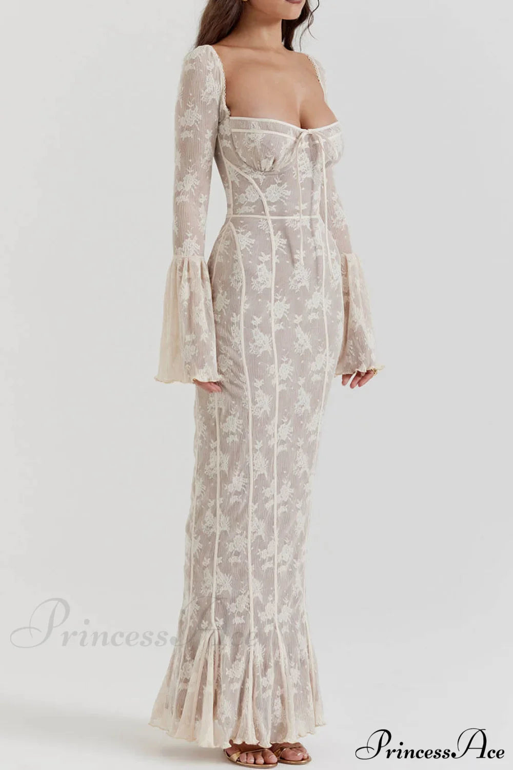 Vintage Cream Stylish Lace Maxi Dress image 3