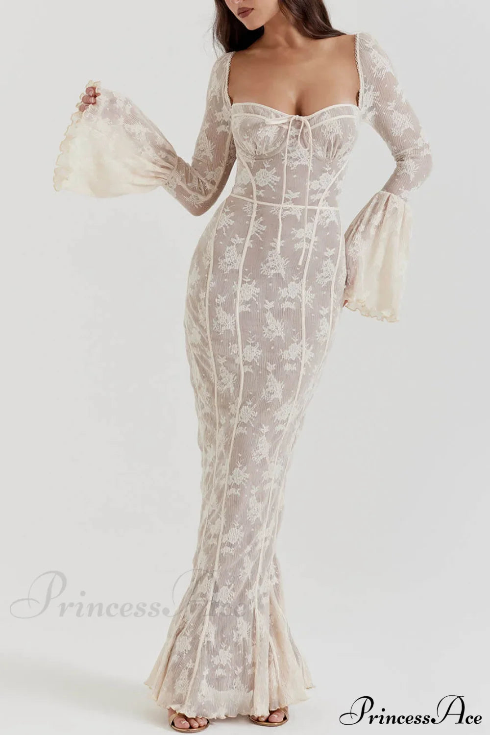 Vintage Cream Stylish Lace Maxi Dress image 2