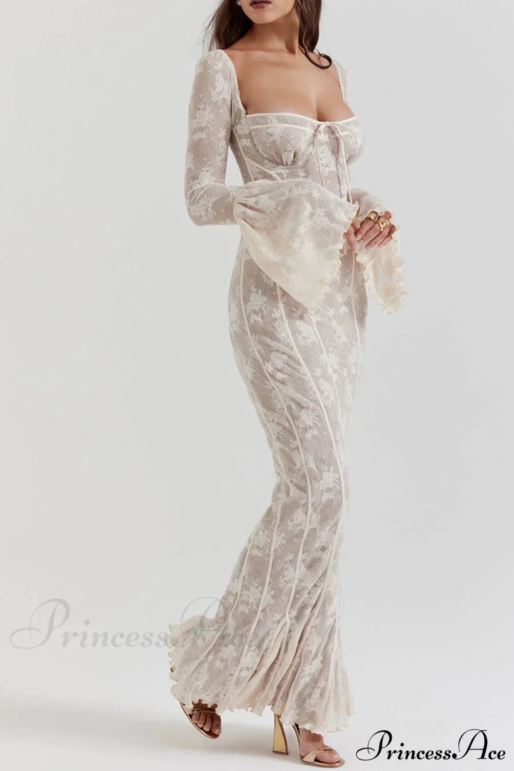 Vintage Cream Stylish Lace Maxi Dress image 4
