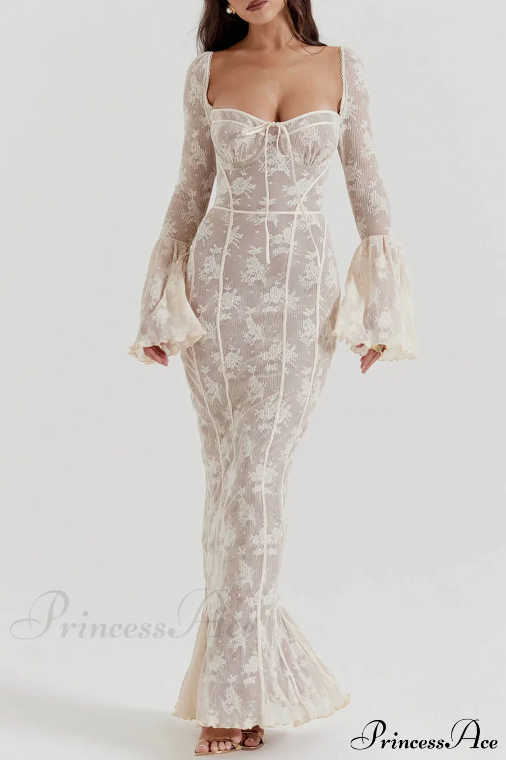 Vintage Cream Stylish Lace Maxi Dress image 1