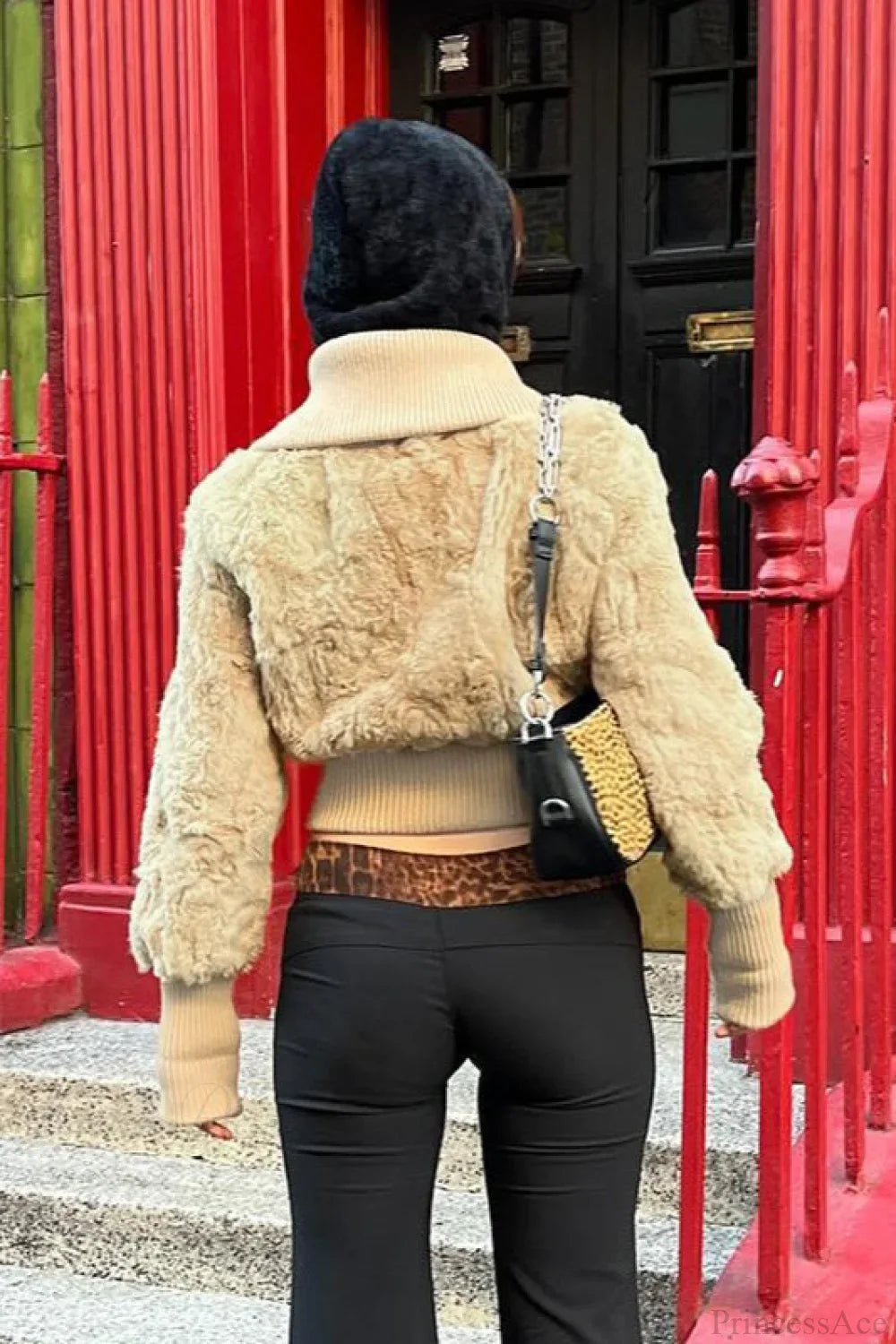 Vintage Cropped Fuzzy Wide Lapel Single Breasted Waist-Cinched Coat image 4