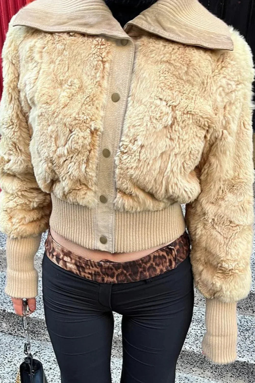 Vintage Cropped Fuzzy Wide Lapel Single Breasted Waist-Cinched Coat image 1