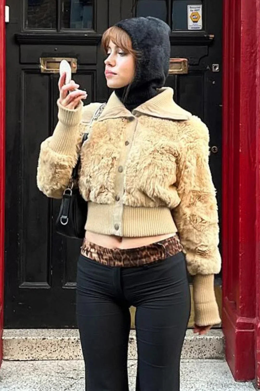 Vintage Cropped Fuzzy Wide Lapel Single Breasted Waist-Cinched Coat image 2