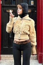Vintage Cropped Fuzzy Wide Lapel Single Breasted Waist-Cinched Coat image 2