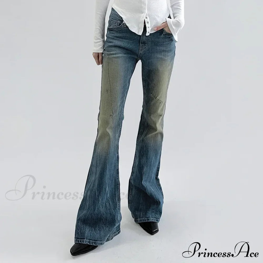 Vintage Denim Flare For Women Fashion Streetwear High Waist Hit Color Slim Female Autumn Jean image 2
