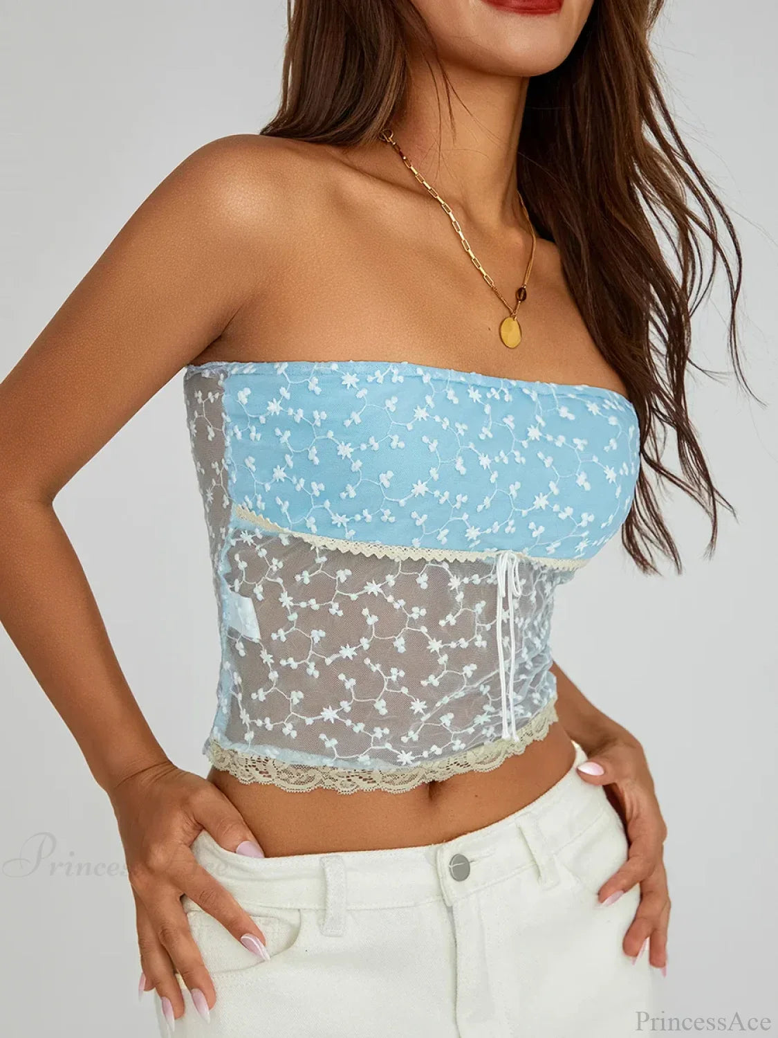 Vintage Embroidered Floral Off-shoulder Sheer Bandeau Top image 6