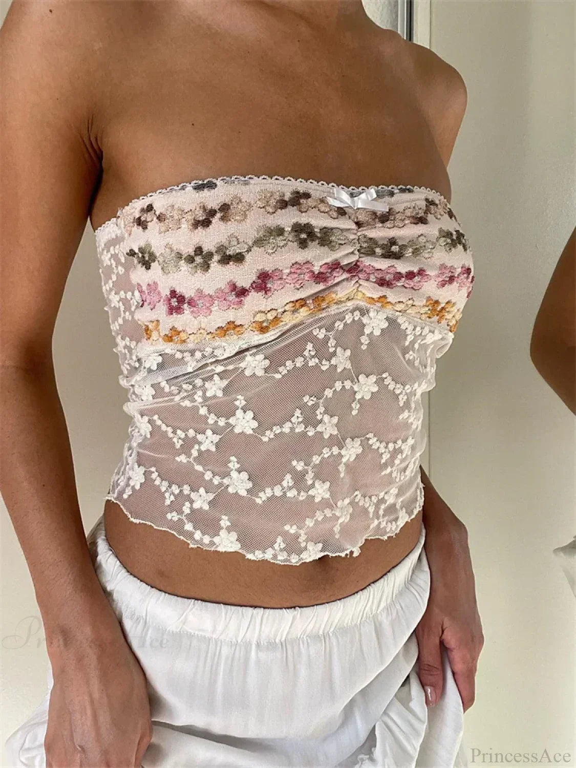 Vintage Embroidery Flower Strapless Tube Crop Top image 2