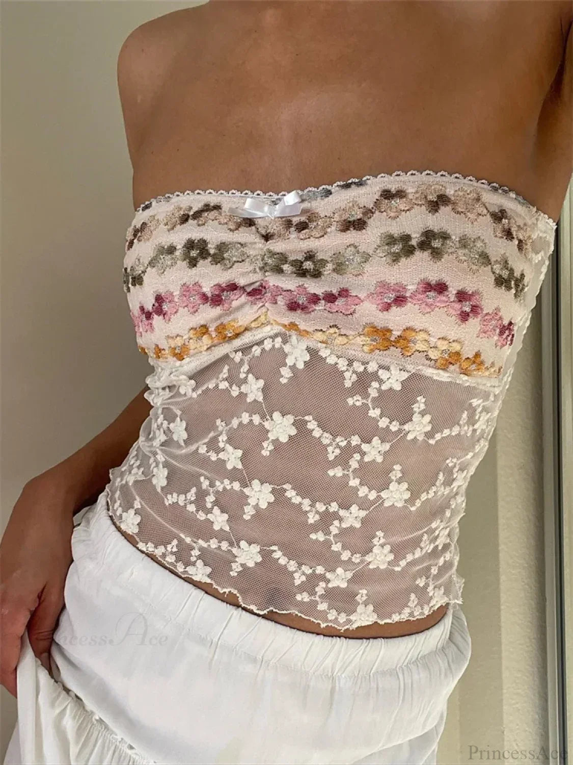 Vintage Embroidery Flower Strapless Tube Crop Top image 3