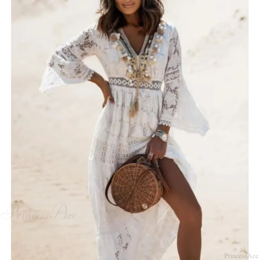 Vintage Embroidery Loose White Red Boho Dress image 2