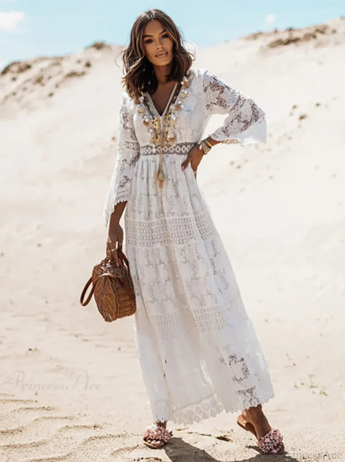 Vintage Embroidery Loose White Red Boho Dress image 1