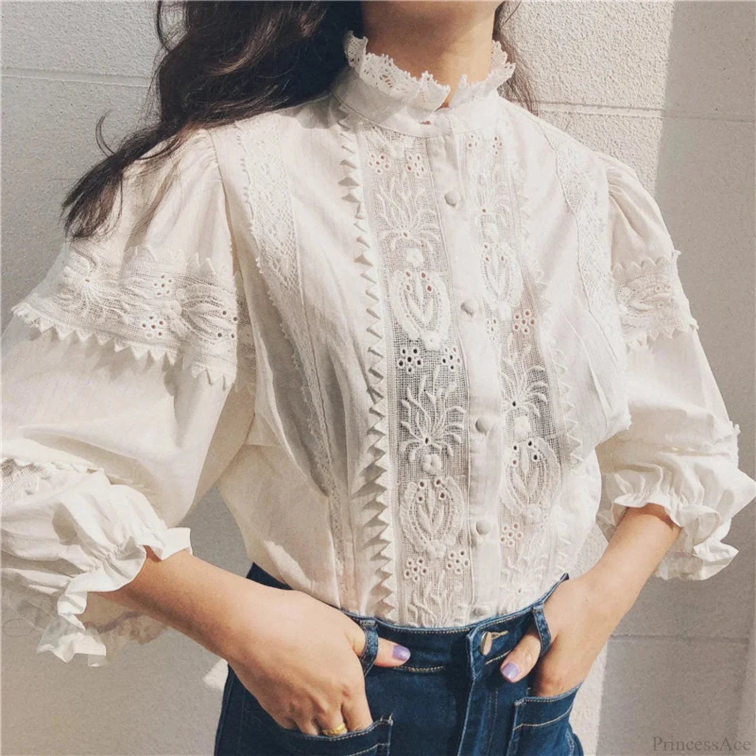 Vintage Floral Embroidery Cotton Linen Lantern Sleeve Boho Blouse image 2