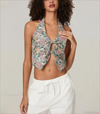 Vintage Floral Halterneck Bow Tied Front Deep V Crop Top image 4
