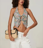 Vintage Floral Halterneck Bow Tied Front Deep V Crop Top image 5