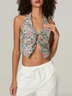 Vintage Floral Halterneck Bow Tied Front Deep V Crop Top image 7