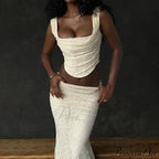 Vintage Floral Lace Corset Top and Skirt Sets Sexy Backless Bandage Midi Dress image 2