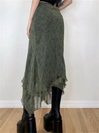 Vintage Floral Midi Skirt High Waist Mesh Irregular image 3