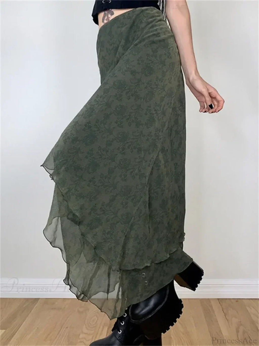 Vintage Floral Midi Skirt High Waist Mesh Irregular image 2