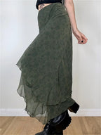 Vintage Floral Midi Skirt High Waist Mesh Irregular image 2