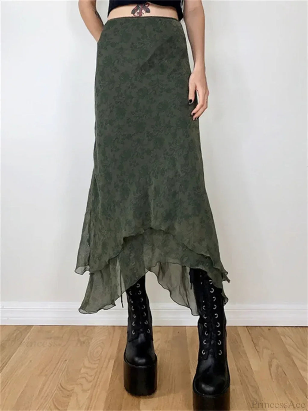 Vintage Floral Midi Skirt High Waist Mesh Irregular image 1