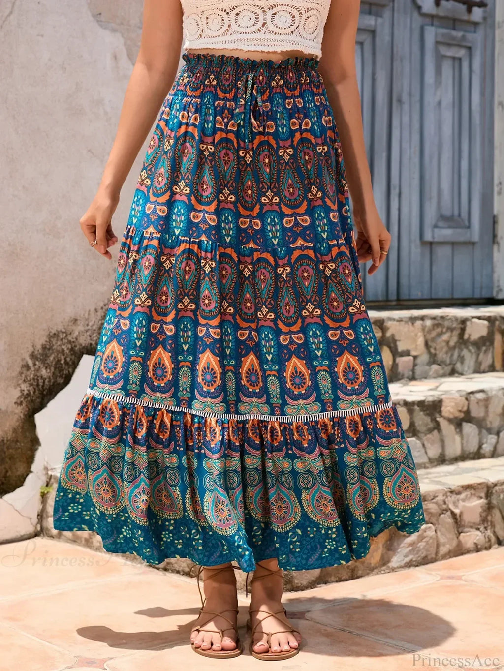 Vintage Floral Peacock Skirt High Elastic Beach Bohemian A-line image 1