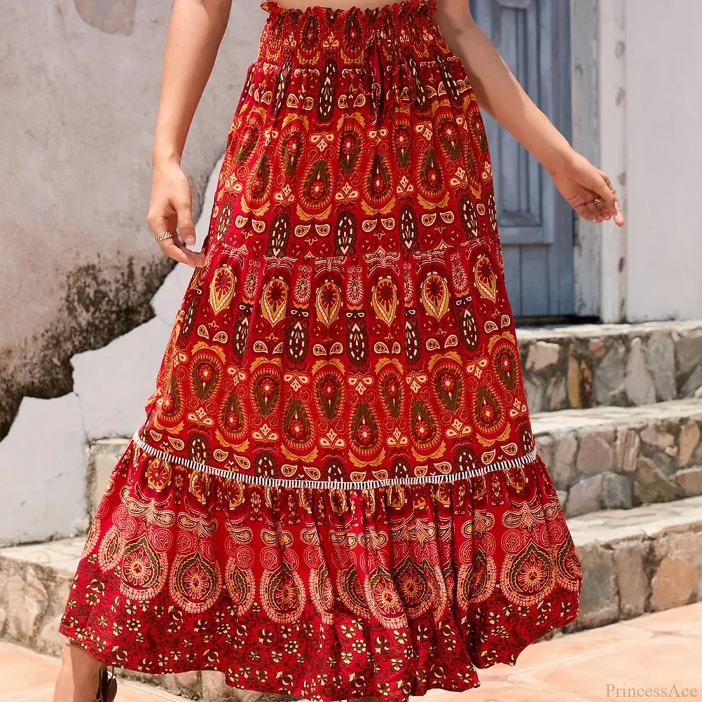 Vintage Floral Peacock Skirt High Elastic Beach Bohemian A-line image 5