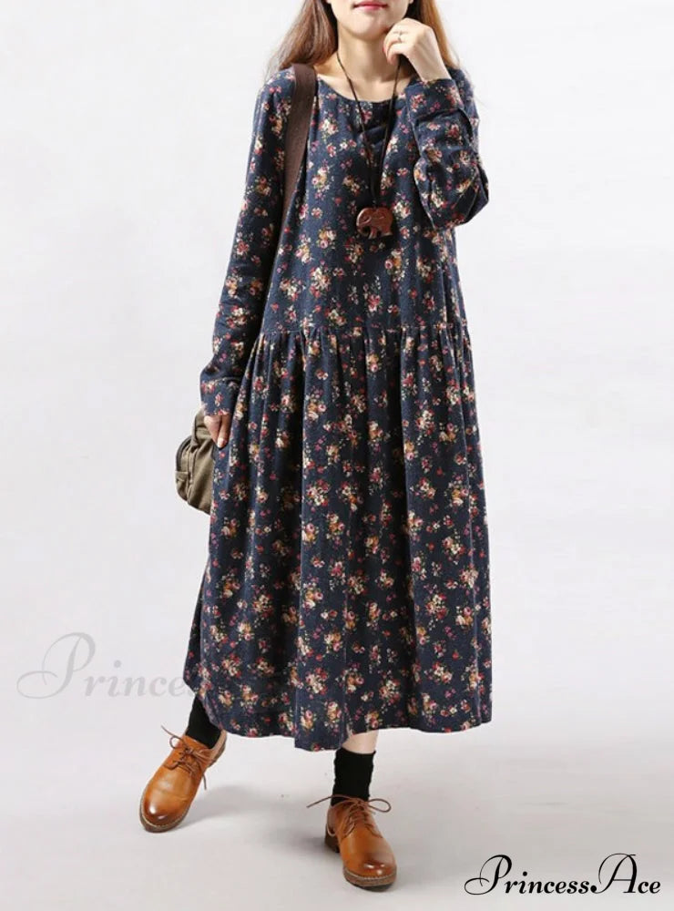Vintage Floral Loose Long-Sleeve Casual Dress image 3