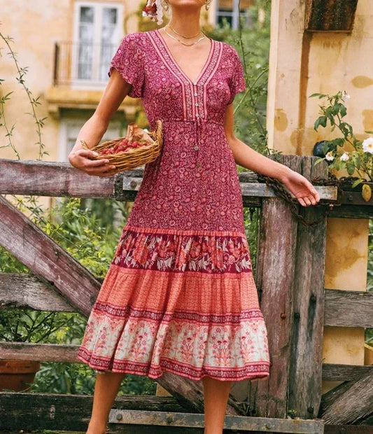 Vintage Floral Print Sashes Cross V-neck Maxi Boho Dress image 1