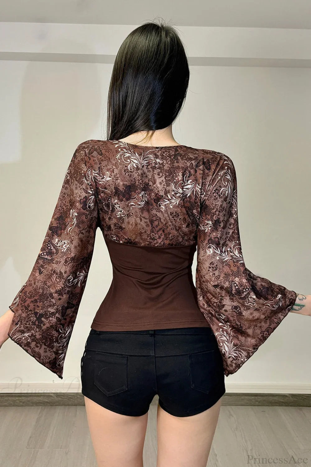 Vintage Floral Print V-neck Slim Sexy Long Sleeve Tee image 3