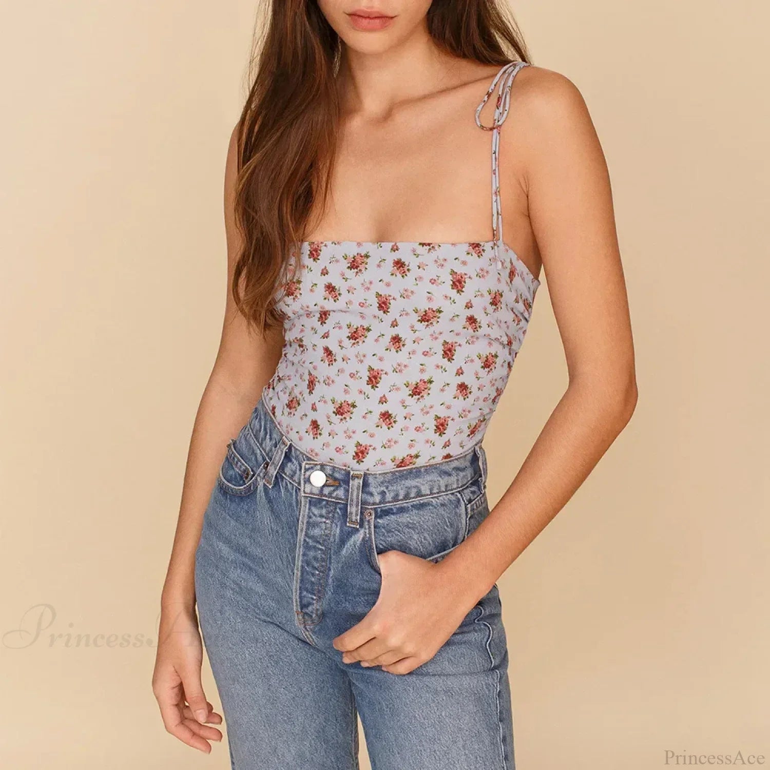 Vintage Floral Smocked Tie Strap Slim Fitted Crop Cami Top image 1