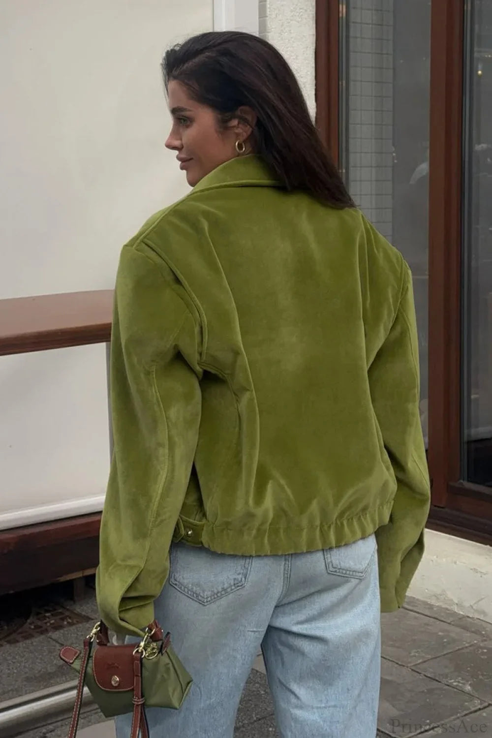 Vintage Green Velvet Loose Baseball Lapel Jacket image 3