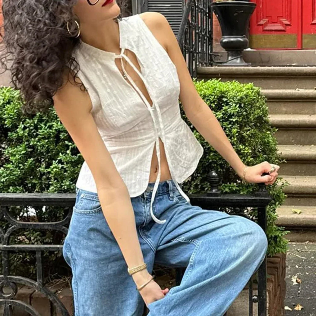 Vintage Jacquard Tie Up Neck Front Cutout Y2K Cottage Streetwear Crop Top image 3