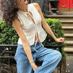 Vintage Jacquard Tie Up Neck Front Cutout Y2K Cottage Streetwear Crop Top image 3
