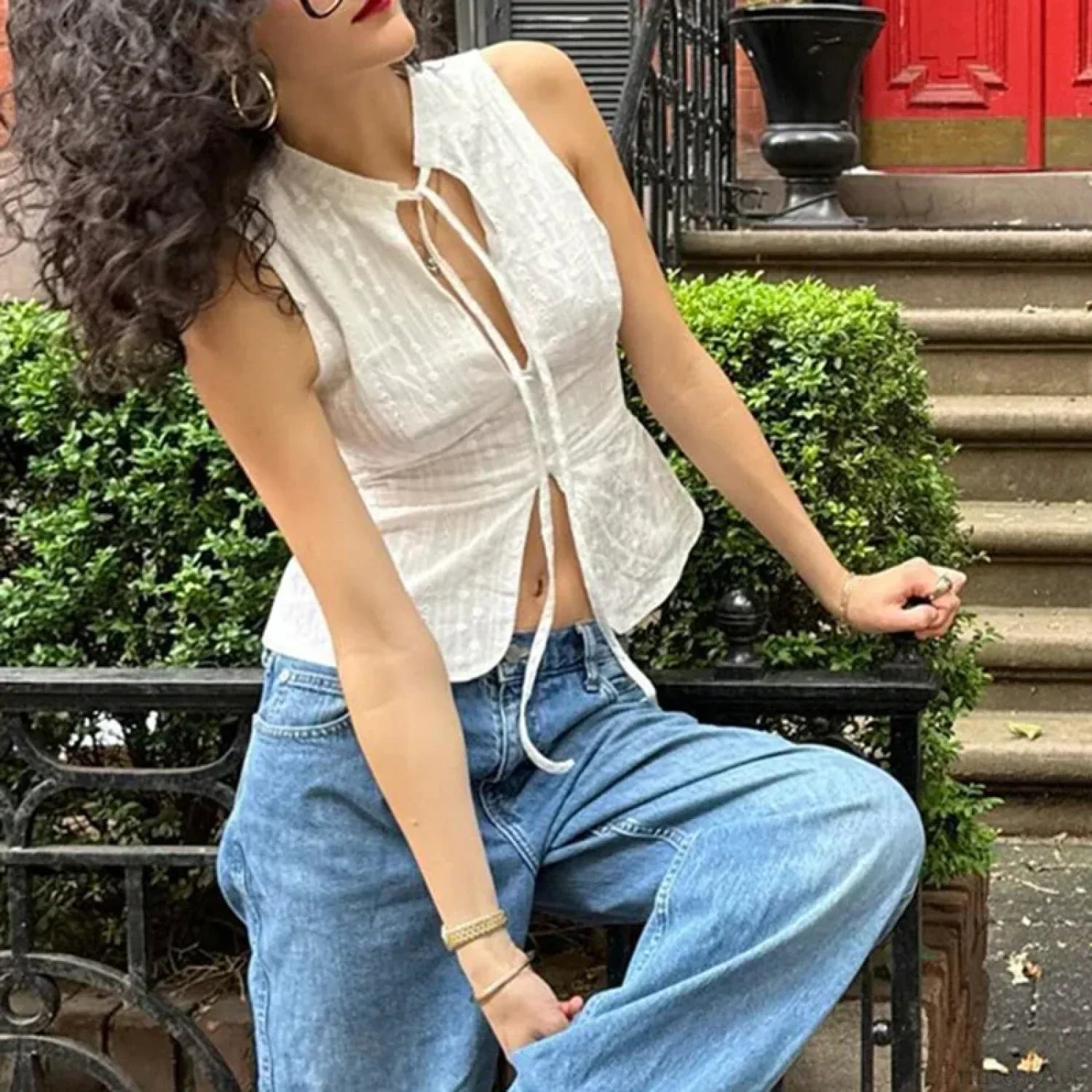 Vintage Jacquard Tie Up Neck Front Cutout Y2K Cottage Streetwear Crop Top image 3