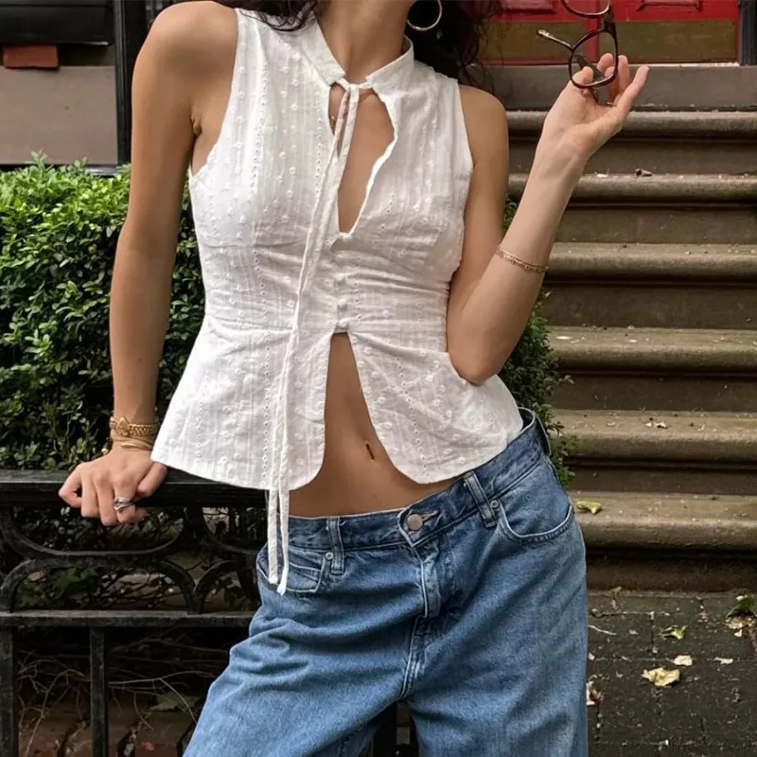 Vintage Jacquard Tie Up Neck Front Cutout Y2K Cottage Streetwear Crop Top image 2