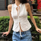 Vintage Jacquard Tie Up Neck Front Cutout Y2K Cottage Streetwear Crop Top image 4