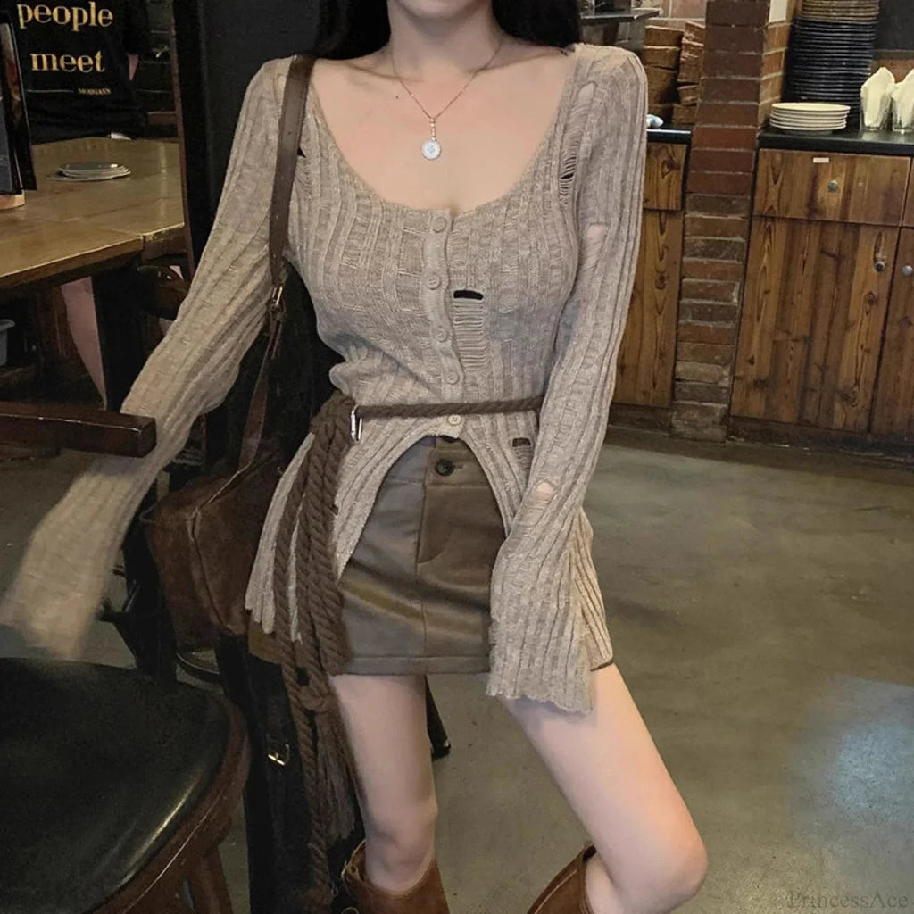 Vintage Knitted Spring Long Sleeve Button Closure Slim Knit Top image 2
