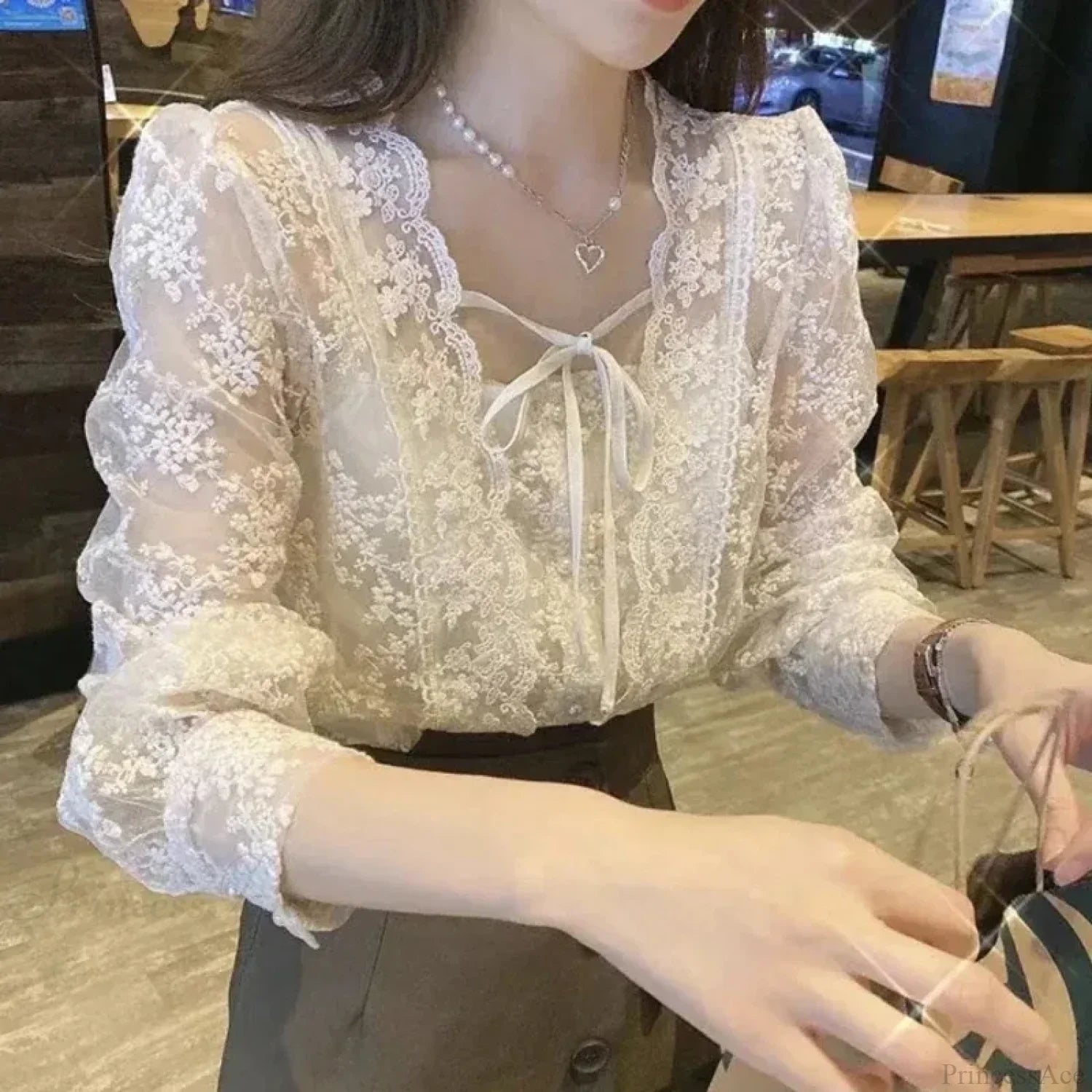 Vintage Lace Puff Long Sleeve Crochet Blouse image 2